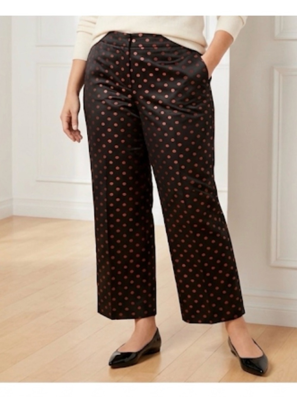 Ladies Black Flare Cropped Trousers with Iridescent Red Polka Dots